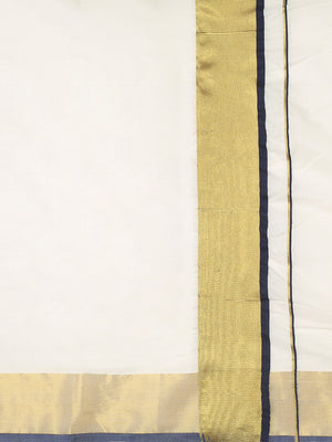 Off-White Cotton Plain Set Saree And Golden With Navy Blue Bordered Kasavu Pallu