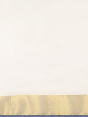 Off-White Cotton Plain Set Saree And Golden With Navy Blue Bordered Kasavu Pallu