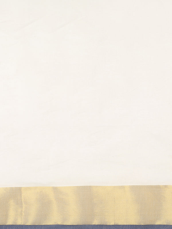 Off-White Cotton Plain Set Saree And Golden With Navy Blue Bordered Kasavu Pallu