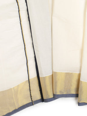 Off-White Cotton Plain Set Saree And Golden With Navy Blue Bordered Kasavu Pallu
