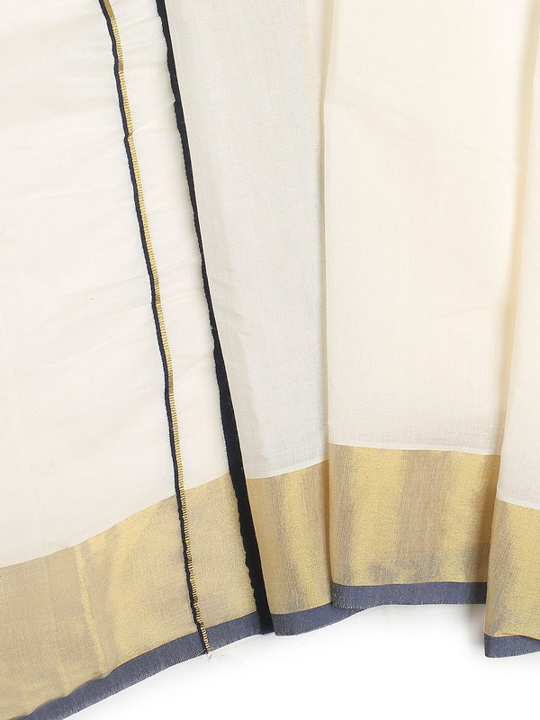 Off-White Cotton Plain Set Saree And Golden With Navy Blue Bordered Kasavu Pallu