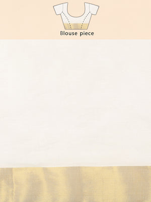 Off-White Cotton Plain Set Saree And Golden With Navy Blue Bordered Kasavu Pallu