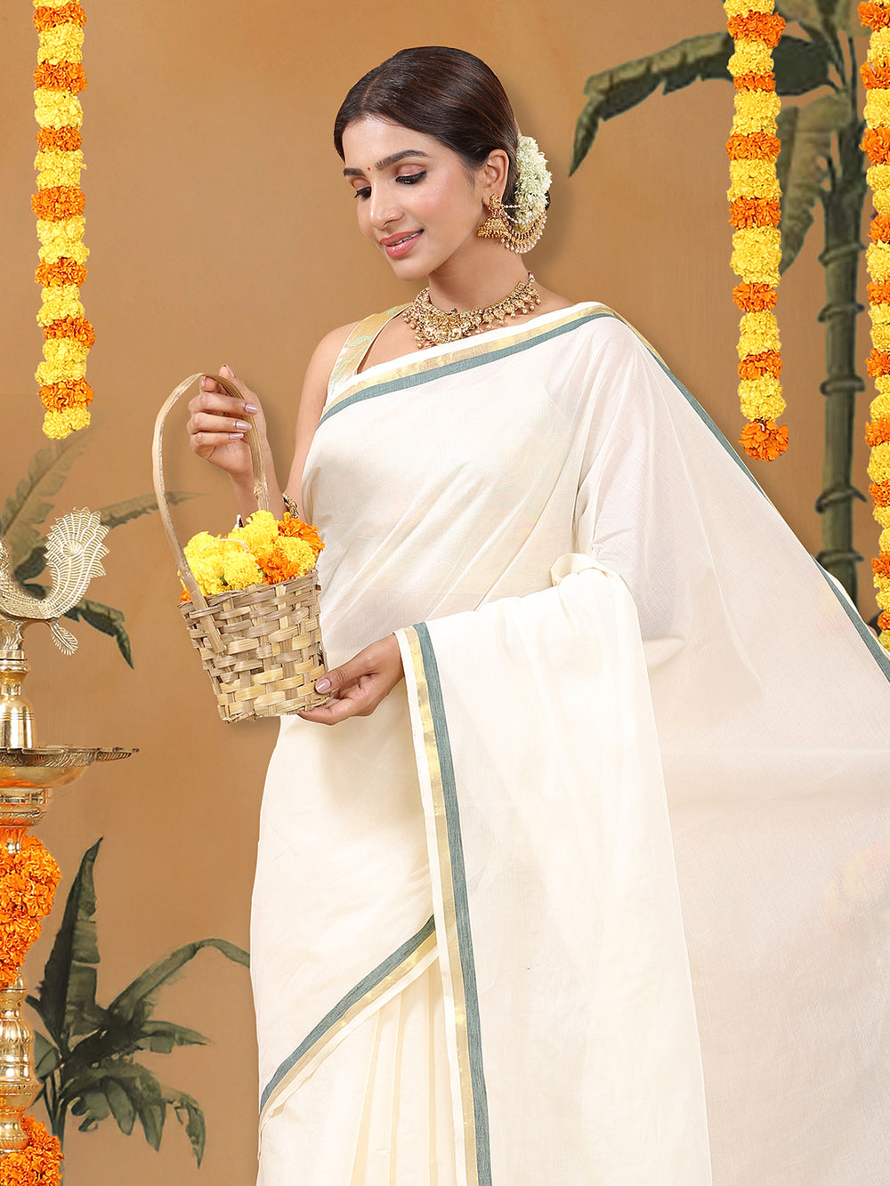 Classic Off-White Cotton Set Saree with Bottle Green & Golden Border Work