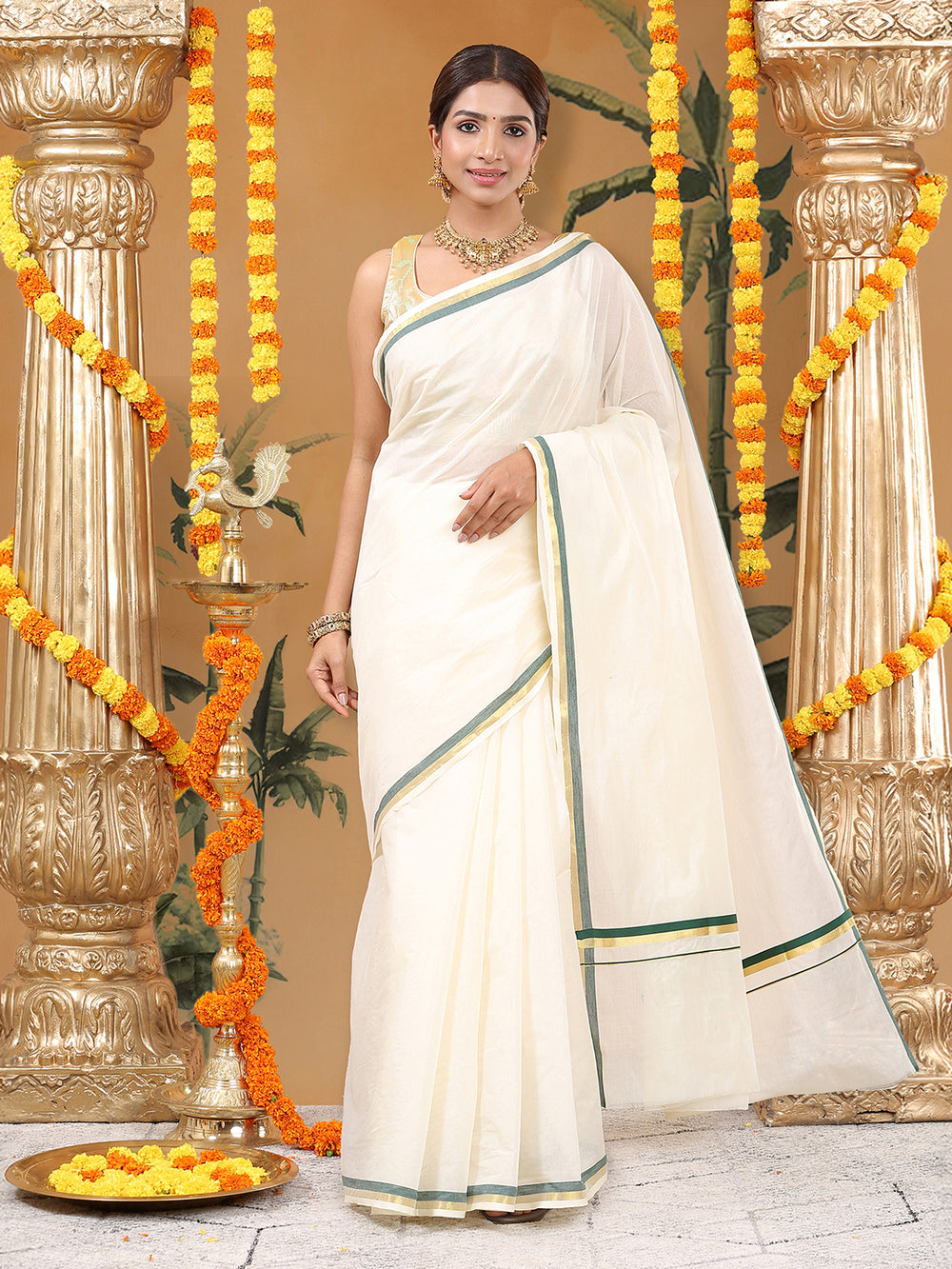 Classic Off-White Cotton Set Saree with Bottle Green & Golden Border Work