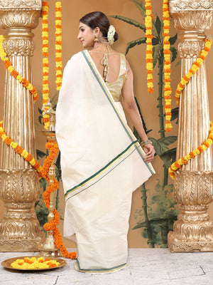 Classic Off-White Cotton Set Saree with Bottle Green & Golden Border Work