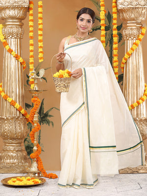 Classic Off-White Cotton Set Saree with Bottle Green & Golden Border Work