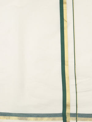 Classic Off-White Cotton Set Saree with Bottle Green & Golden Border Work