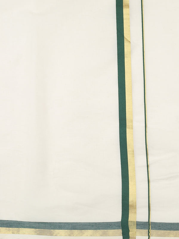 Classic Off-White Cotton Set Saree with Bottle Green & Golden Border Work