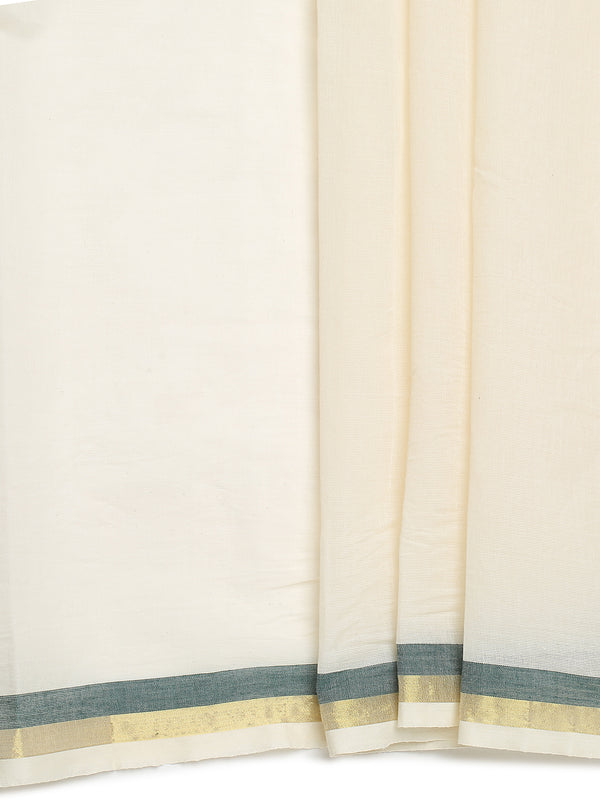Classic Off-White Cotton Set Saree with Bottle Green & Golden Border Work