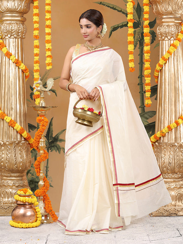 Off-White Cotton Set Saree with Golden & Red Border Accents and Elegant Pallu Finish