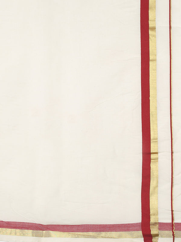 Off-White Cotton Set Saree with Golden & Red Border Accents and Elegant Pallu Finish