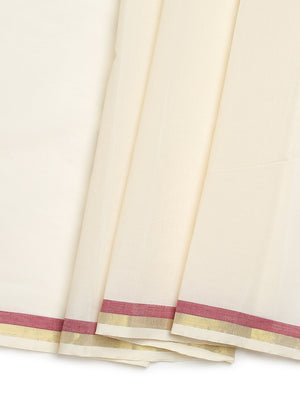 Off-White Cotton Set Saree with Golden & Red Border Accents and Elegant Pallu Finish