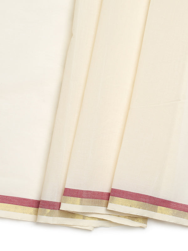 Off-White Cotton Set Saree with Golden & Red Border Accents and Elegant Pallu Finish