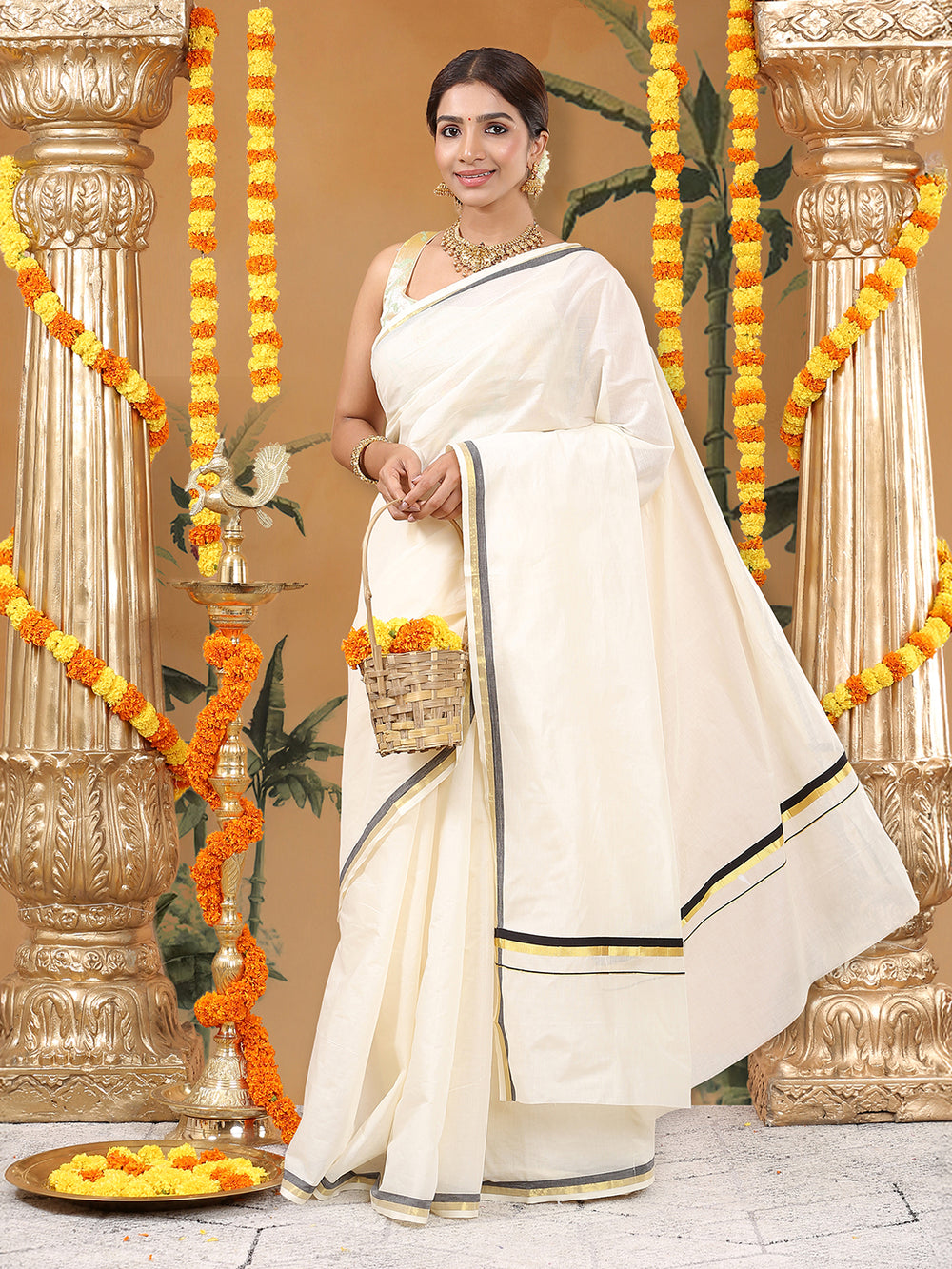 Off-White Cotton Set Saree with Golden & Black Double Border and Striped Pallu