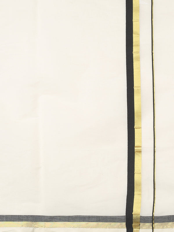 Off-White Cotton Set Saree with Golden & Black Double Border and Striped Pallu