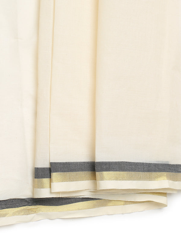 Off-White Cotton Set Saree with Golden & Black Double Border and Striped Pallu