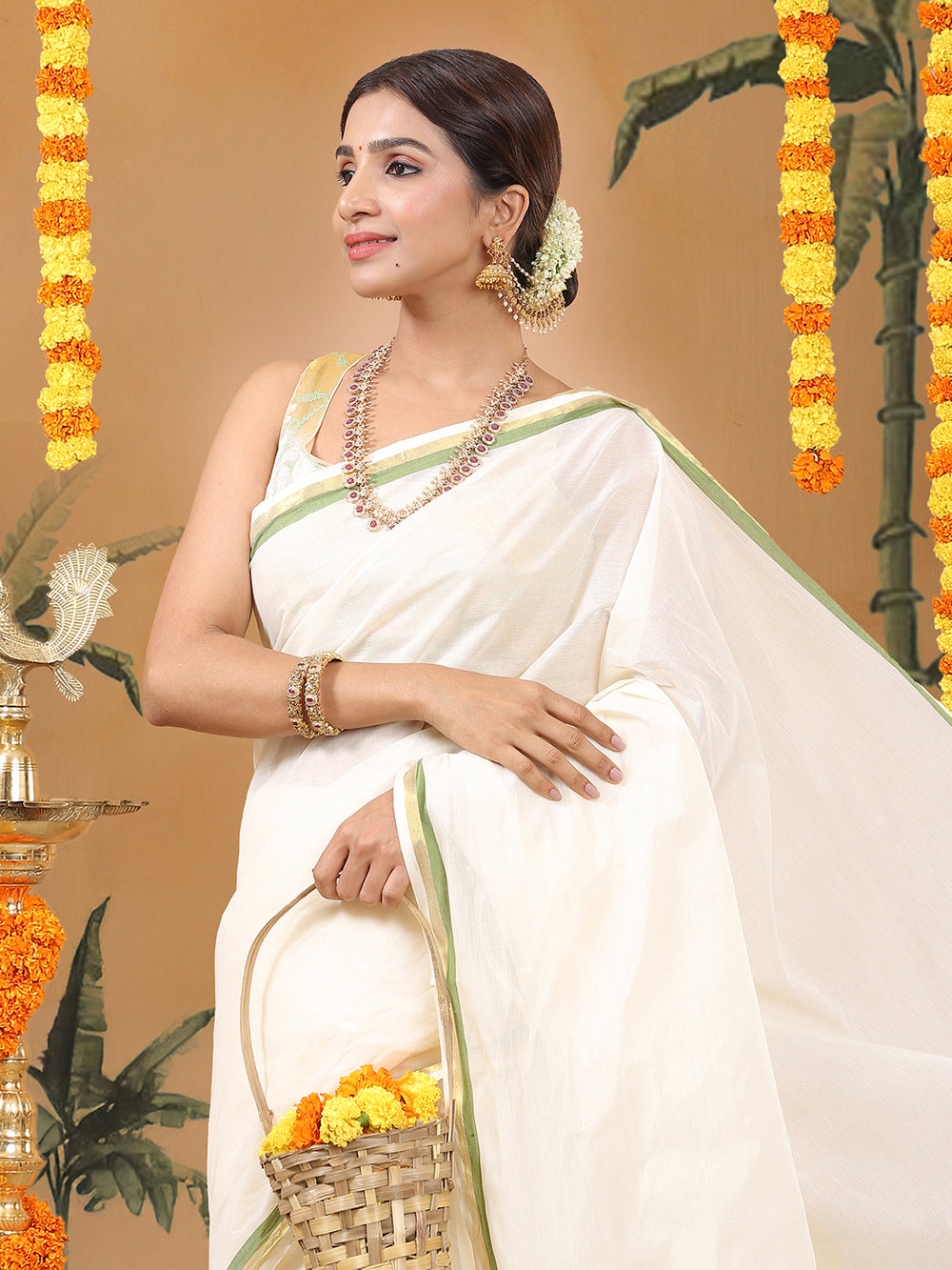 Off-White Cotton Set Saree with Golden & Olive Green Double Border and Pallu Detailing