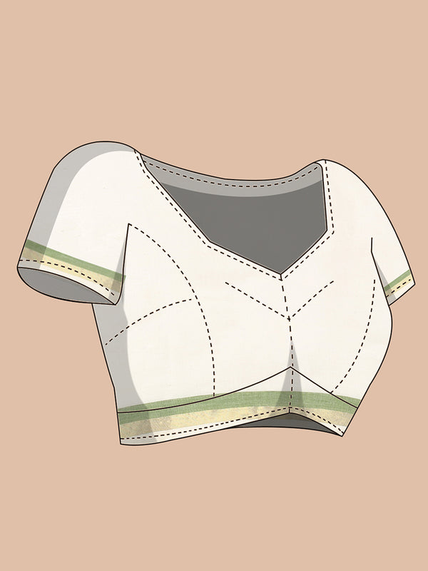 Off-White Cotton Set Saree with Golden & Olive Green Double Border and Pallu Detailing