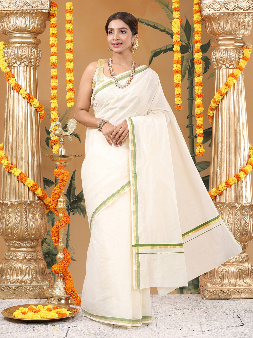 Off-White Cotton Set Saree with Golden & Olive Green Double Border and Pallu Detailing