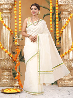 Off-White Cotton Set Saree with Golden & Olive Green Double Border and Pallu Detailing