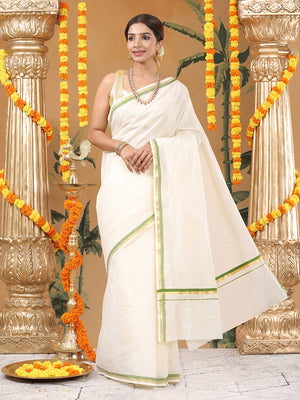 Off-White Cotton Set Saree with Golden & Olive Green Double Border and Pallu Detailing