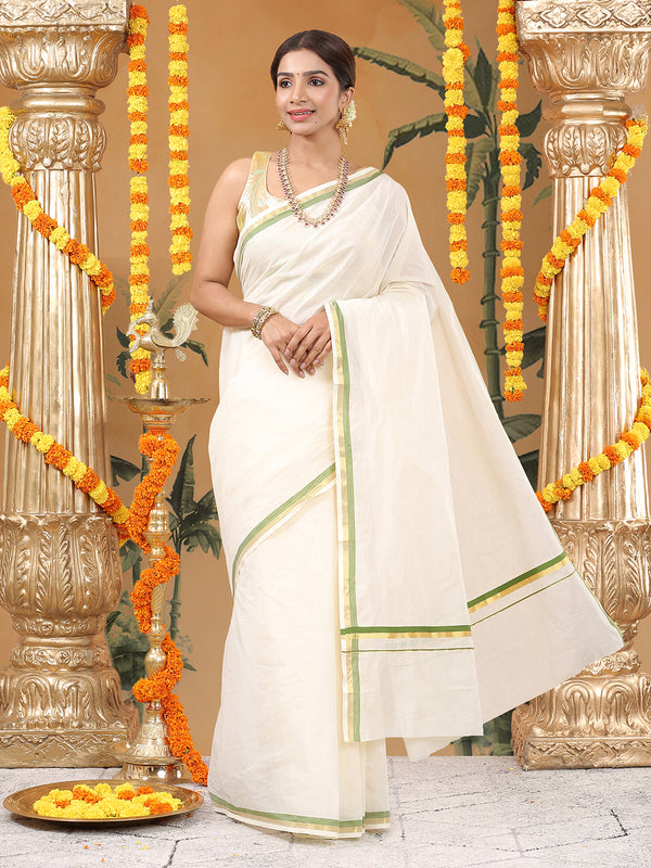 Off-White Cotton Set Saree with Golden & Olive Green Double Border and Pallu Detailing