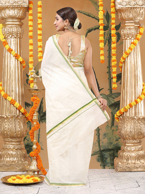 Off-White Cotton Set Saree with Golden & Olive Green Double Border and Pallu Detailing