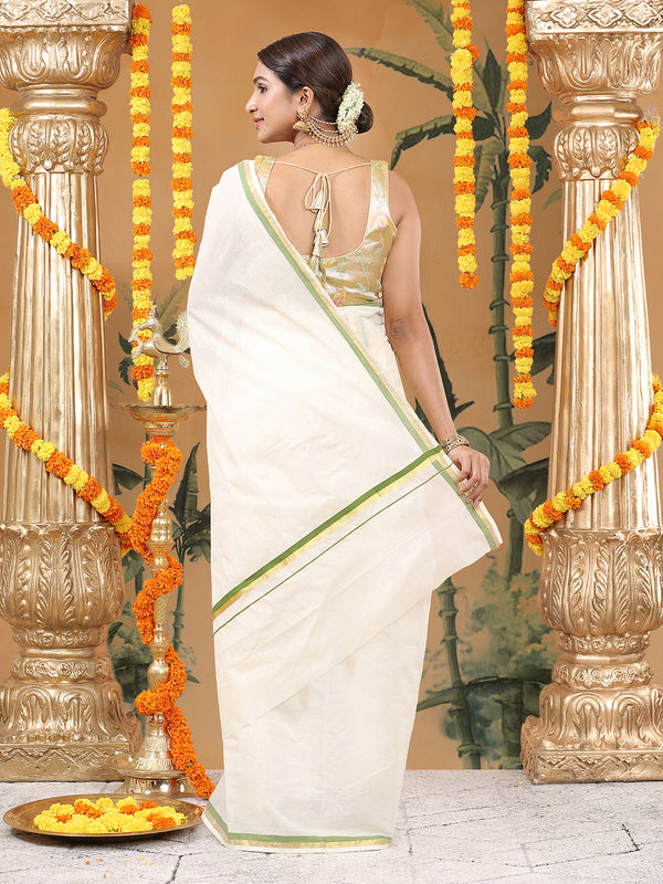 Off-White Cotton Set Saree with Golden & Olive Green Double Border and Pallu Detailing