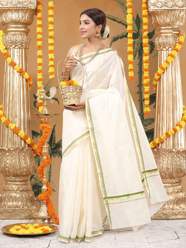 Off-White Cotton Set Saree with Golden & Olive Green Double Border and Pallu Detailing