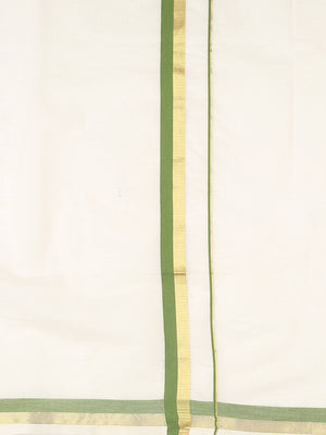 Off-White Cotton Set Saree with Golden & Olive Green Double Border and Pallu Detailing