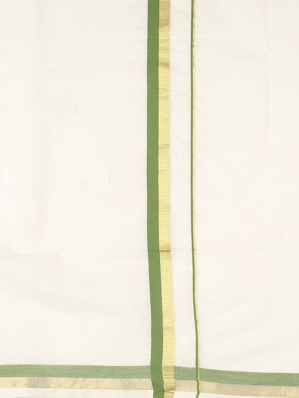 Off-White Cotton Set Saree with Golden & Olive Green Double Border and Pallu Detailing