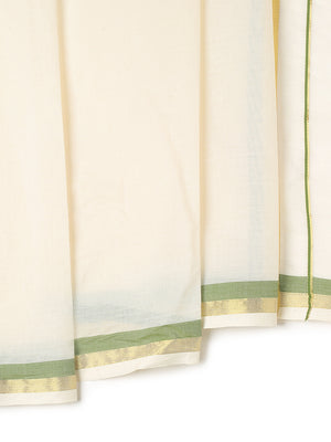 Off-White Cotton Set Saree with Golden & Olive Green Double Border and Pallu Detailing
