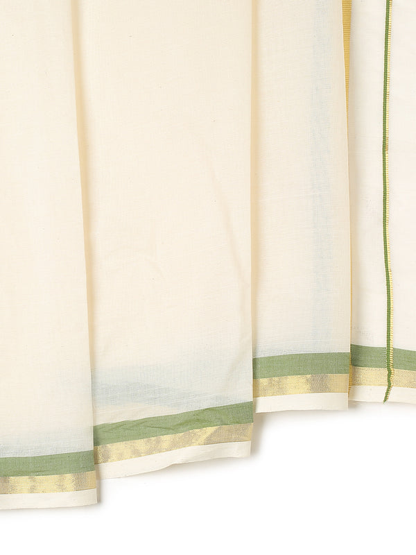 Off-White Cotton Set Saree with Golden & Olive Green Double Border and Pallu Detailing