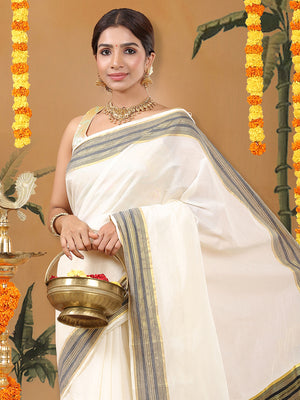 Off-White Cotton Set Saree with Black Stripes On Golden Kasavu Border