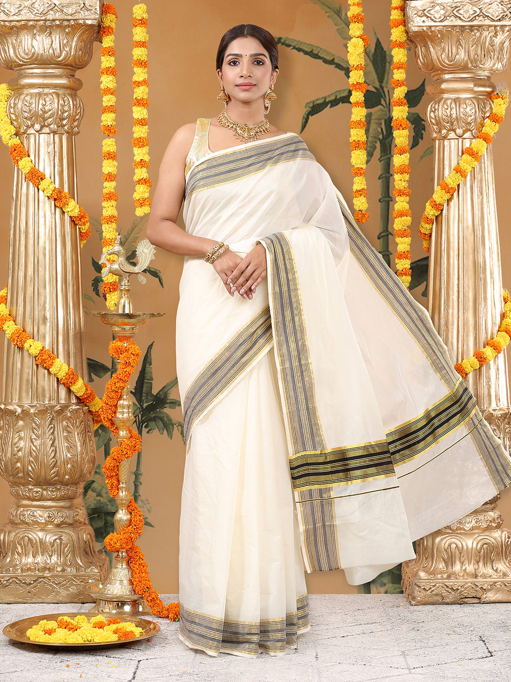 Off-White Cotton Set Saree with Black Stripes On Golden Kasavu Border