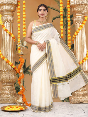 Off-White Cotton Set Saree with Black Stripes On Golden Kasavu Border