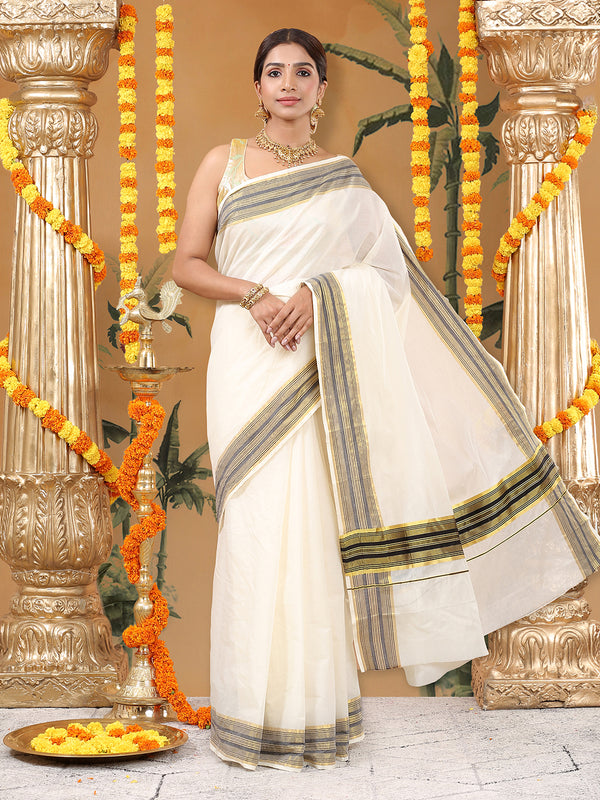 Off-White Cotton Set Saree with Black Stripes On Golden Kasavu Border