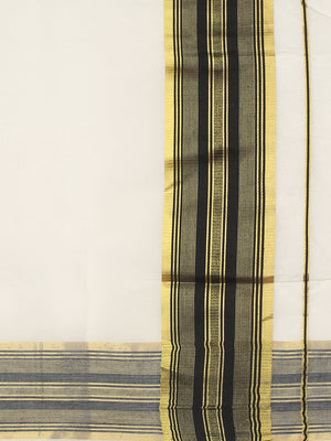 Off-White Cotton Set Saree with Black Stripes On Golden Kasavu Border