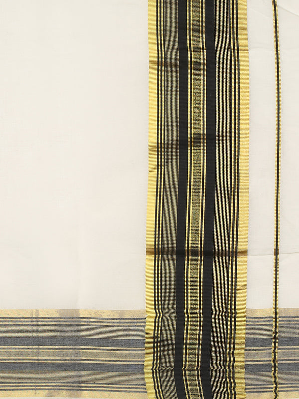 Off-White Cotton Set Saree with Black Stripes On Golden Kasavu Border