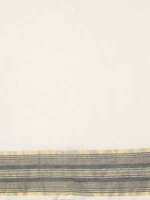 Off-White Cotton Set Saree with Black Stripes On Golden Kasavu Border