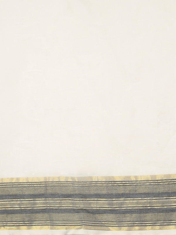 Off-White Cotton Set Saree with Black Stripes On Golden Kasavu Border