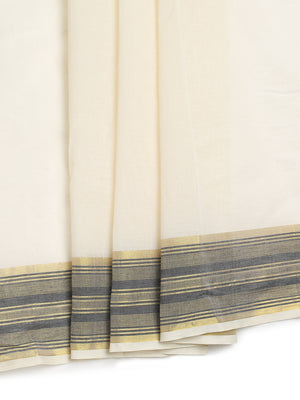 Off-White Cotton Set Saree with Black Stripes On Golden Kasavu Border