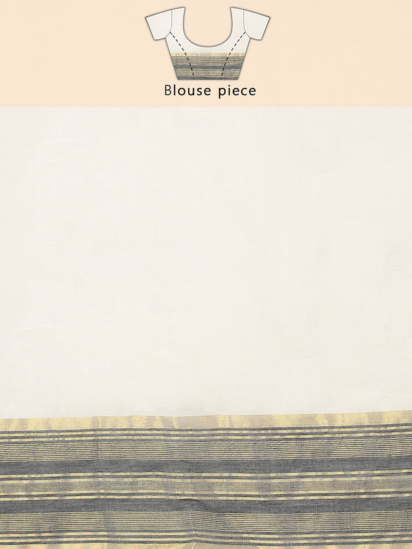 Off-White Cotton Set Saree with Black Stripes On Golden Kasavu Border