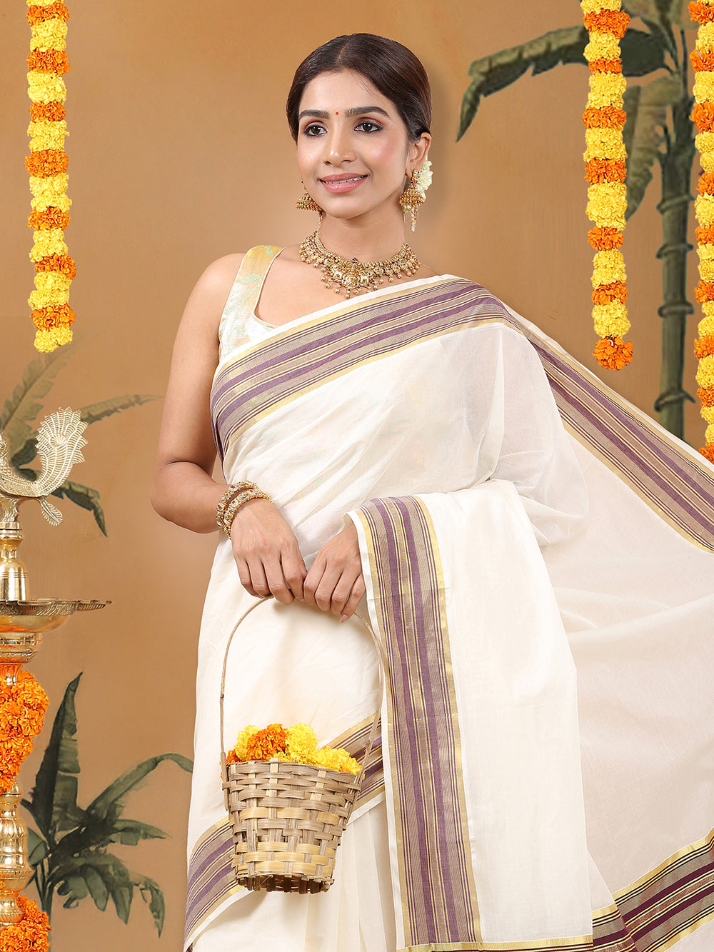 Off-White Cotton Set Saree with Maroon Stripes On Golden Kasavu Border