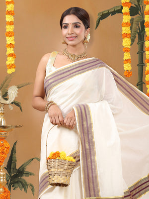 Off-White Cotton Set Saree with Maroon Stripes On Golden Kasavu Border