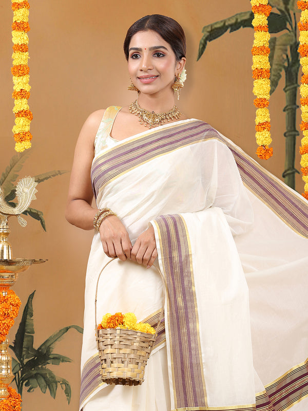 Off-White Cotton Set Saree with Maroon Stripes On Golden Kasavu Border