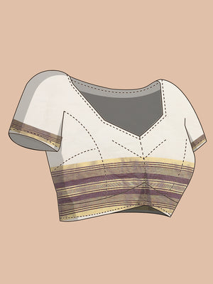 Off-White Cotton Set Saree with Maroon Stripes On Golden Kasavu Border