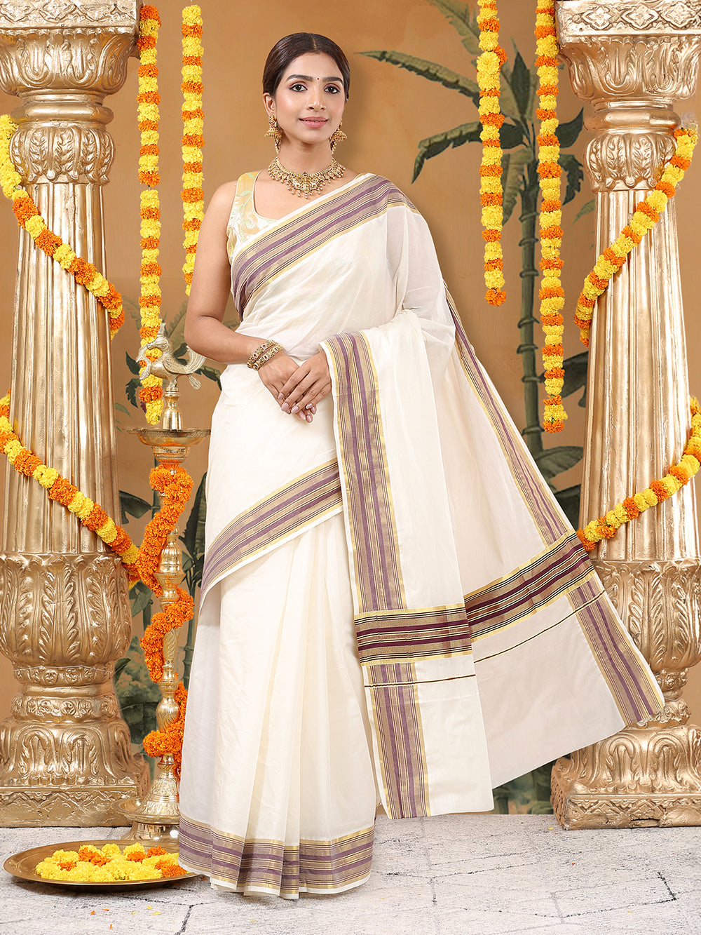 Off-White Cotton Set Saree with Maroon Stripes On Golden Kasavu Border