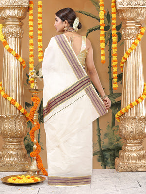 Off-White Cotton Set Saree with Maroon Stripes On Golden Kasavu Border