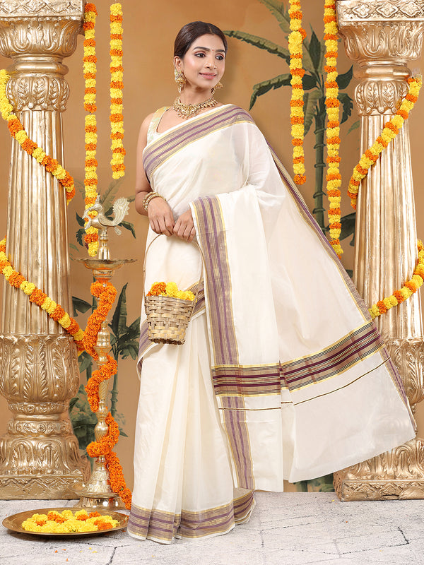 Off-White Cotton Set Saree with Maroon Stripes On Golden Kasavu Border